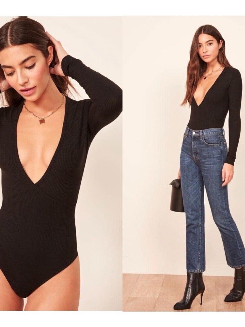 RNWY Black Becky Ribbed Plunge V Neck Long Sleeve Bodysuit Sz Small